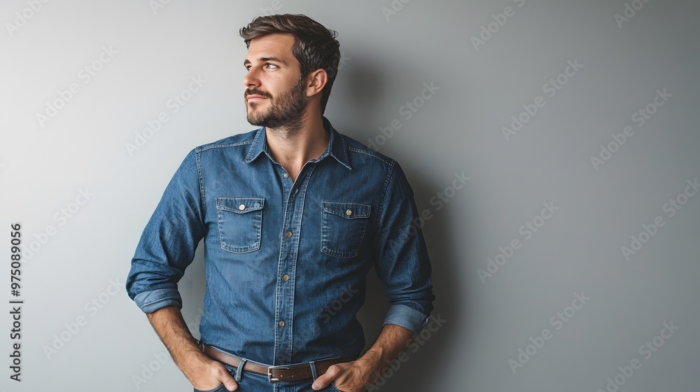 Fototapeta premium A young man in a denim shirt stands with hands in his pockets and looks away from the camera