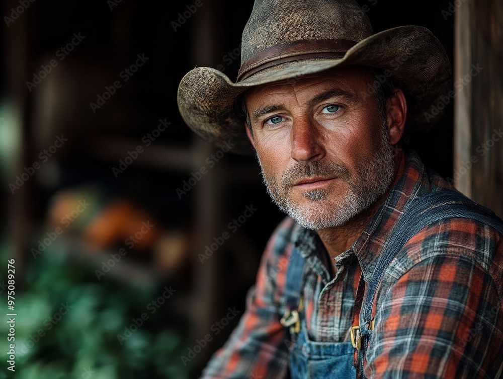 A man in overalls and a hat sits inside a barn. A man in overalls and a hat sits inside a barn.