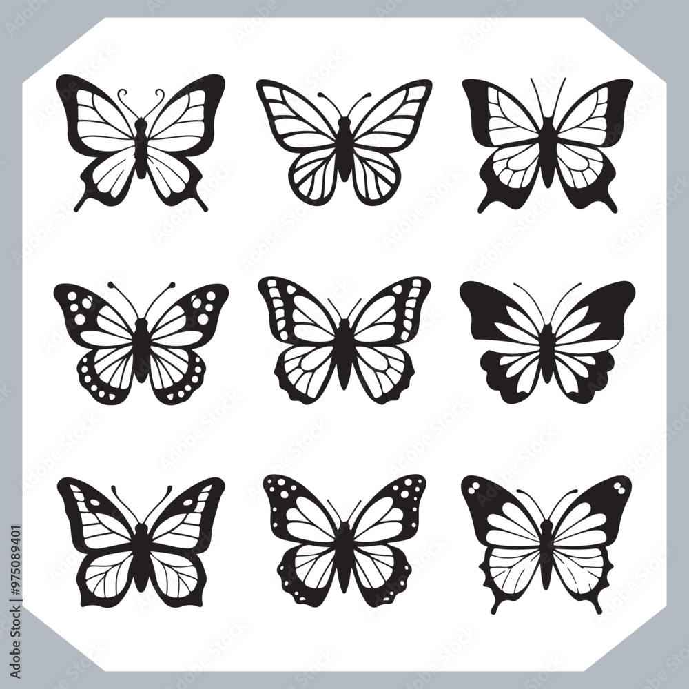 Obraz premium Butterfly silhouette icon, Silhouettes of butterflies. Black of funny butterflies. Insect butterfly black silhouette, Set of butterflies
