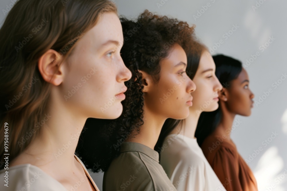 Four women standing in a profile line against a neutral background, showcasing diversity, unity, and natural beauty. Four women standing in a profile line against a neutral background, showcasing diversity, unity, and natural beauty.