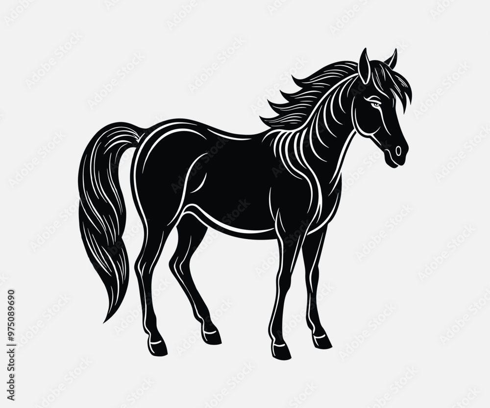 Obraz premium Linocut silhouette of a horse in vector art