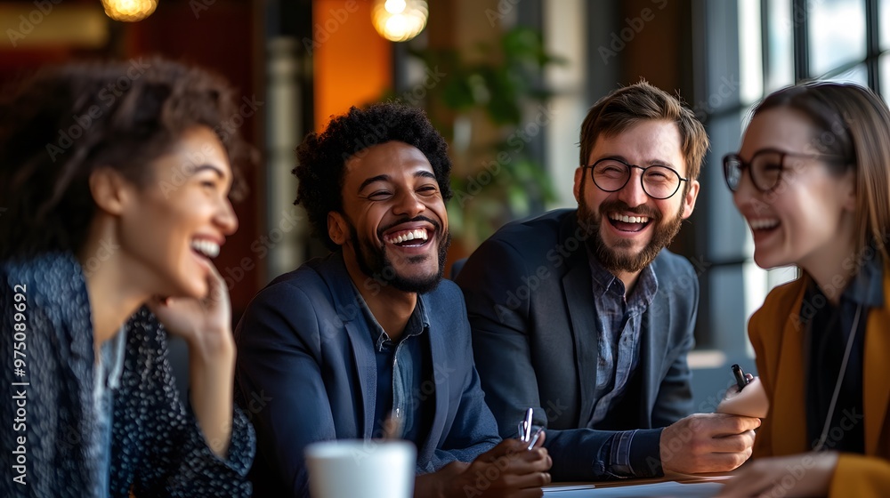 Group of friends laughing together at a table in a cafe Group of friends laughing together at a table in a cafe