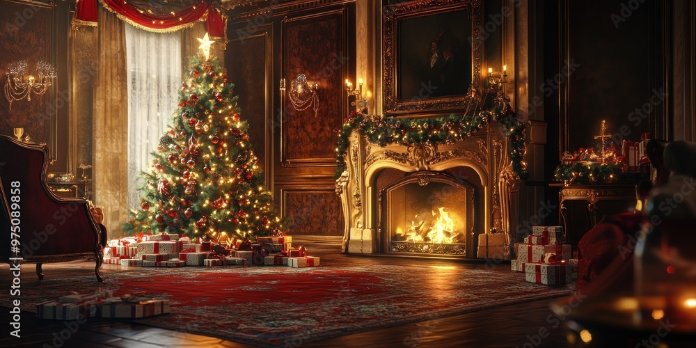 A beautifully decorated Christmas tree stands in a grand living room with a fireplace and gifts. A beautifully decorated Christmas tree stands in a grand living room with a fireplace and gifts.