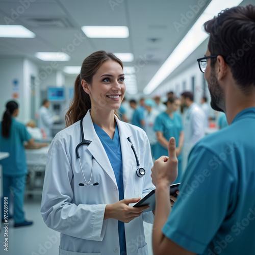 A cheerful female doctor in a white coat engages with a patient in a modern hospital corridor, discussing health on a tablet. For healthcare marketing, medical articles, and patient care resources