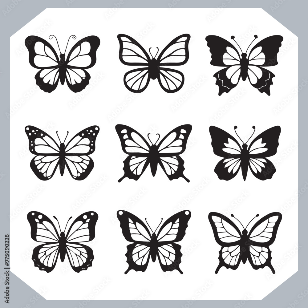Butterfly silhouette icon, Silhouettes of butterflies. Black of funny butterflies. Insect butterfly black silhouette, Set of butterflies Butterfly silhouette icon, Silhouettes of butterflies. Black of funny butterflies. Insect butterfly black silhouette, Set of butterflies