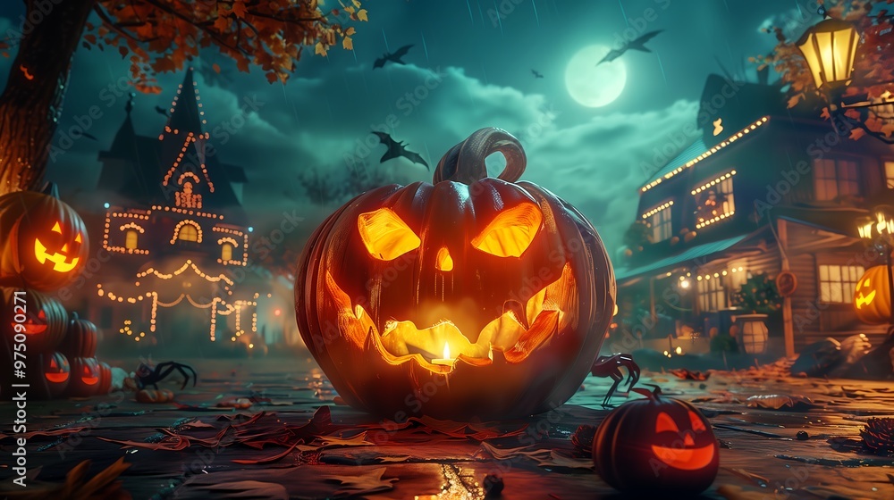 Naklejka premium Spooky Halloween Night Scene with Jack O Lantern, Haunted House, and Bats