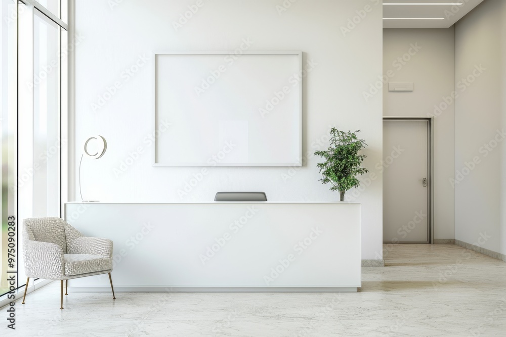 A minimalist reception area featuring a white desk, a sleek armchair, a potted plant, and a blank picture frame on the wall. A minimalist reception area featuring a white desk, a sleek armchair, a potted plant, and a blank picture frame on the wall.