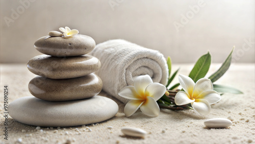 Spa-inspired arrangement with smooth stones, rolled towel, and white flowers on a sandy surface