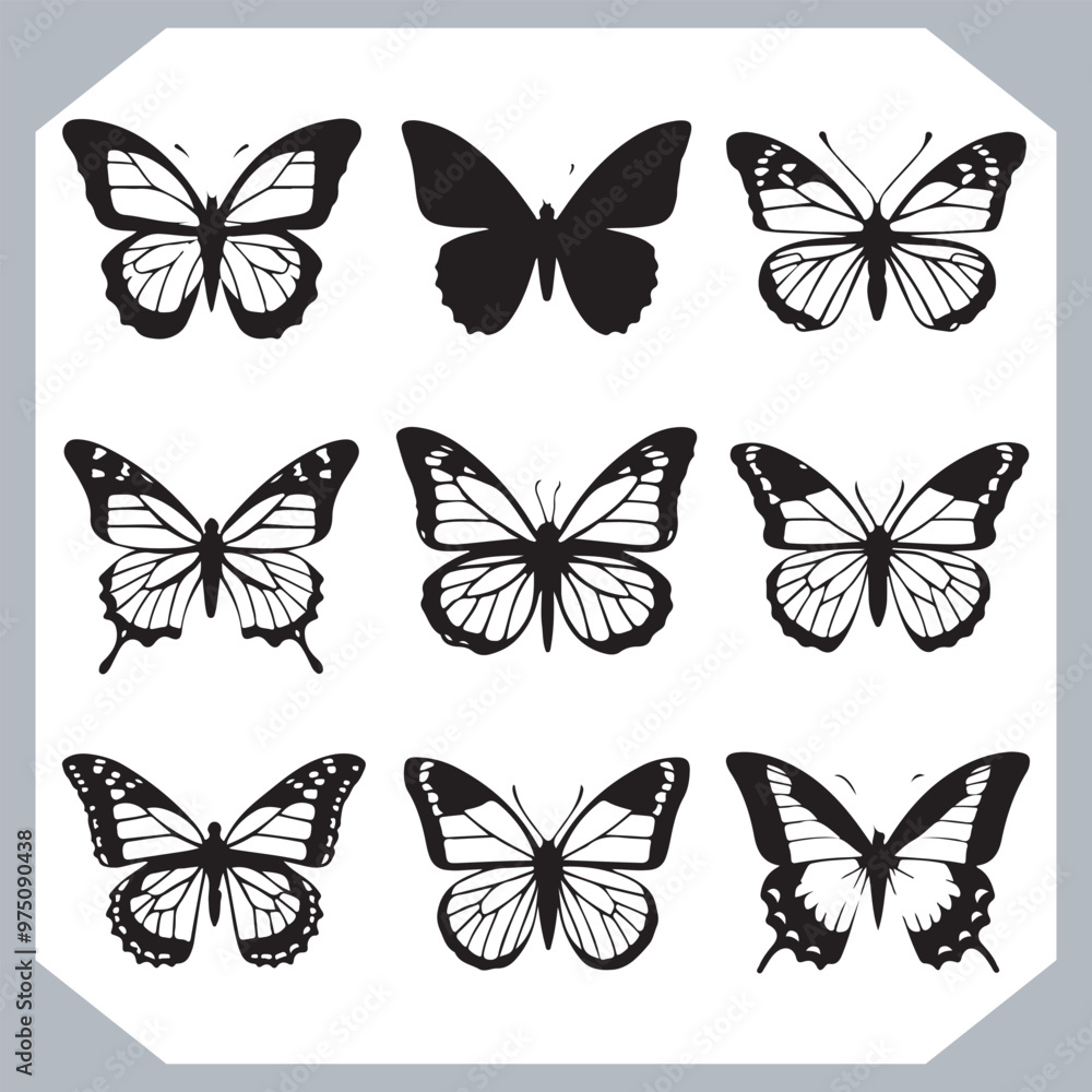 Butterfly silhouette icon, Silhouettes of butterflies. Black of funny butterflies. Insect butterfly black silhouette, Set of butterflies Butterfly silhouette icon, Silhouettes of butterflies. Black of funny butterflies. Insect butterfly black silhouette, Set of butterflies