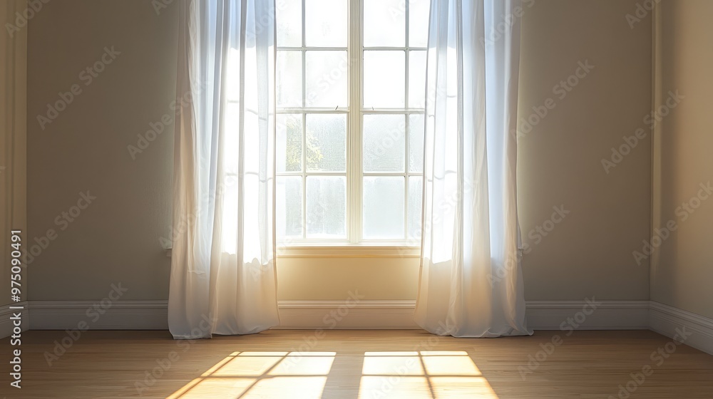 Fototapeta premium Backlit Window with White Curtains. AI generated illustration