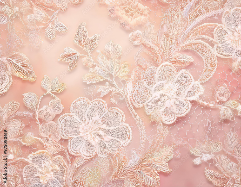 White lace fabric on pink background forming floral pattern, delicate wedding background White lace fabric on pink background forming floral pattern, delicate wedding background