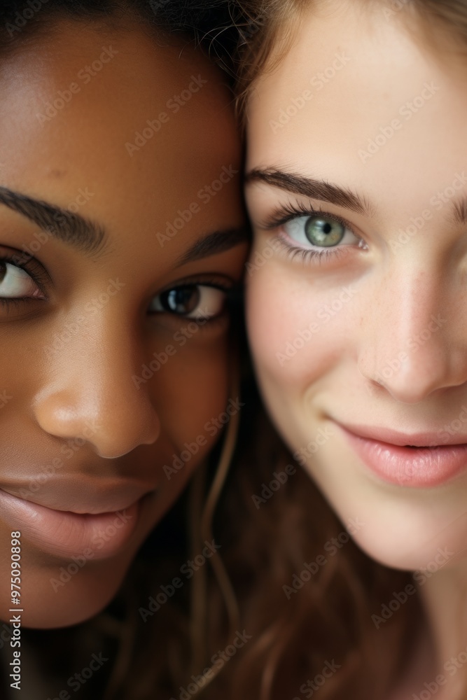 Vertical portrait of two multiracial friends. They press face to face. Generative AI. Vertical portrait of two multiracial friends. They press face to face. Generative AI.