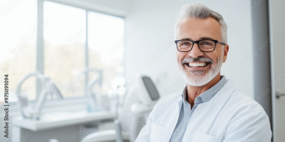 The snow-white smile of a middle-aged man in the dentist’s office. Generative AI. The snow-white smile of a middle-aged man in the dentist’s office. Generative AI.