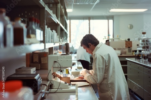 A scientist in a lab coat works in a bright, structured laboratory filled with various scientific instruments and tools.