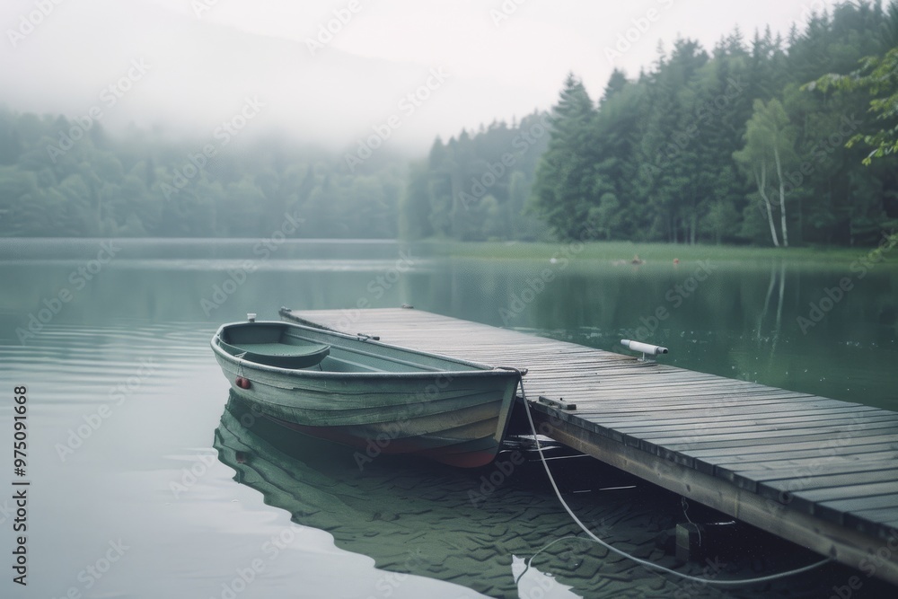 Obraz premium An empty rowboat tethered to a wooden dock in a misty, tranquil lake setting, creating an atmosphere of solitude and peaceful reflection.