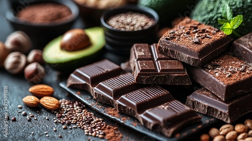  Pile of chocolate alongside nuts, avocado, & other foods on black surface