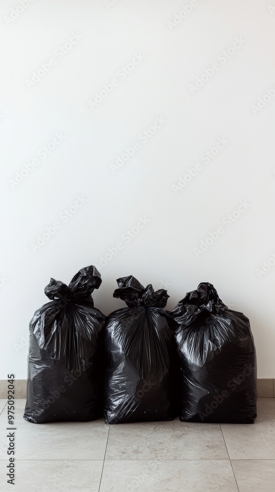 Three black garbage bags on tiled floor against white wall Three black garbage bags on tiled floor against white wall
