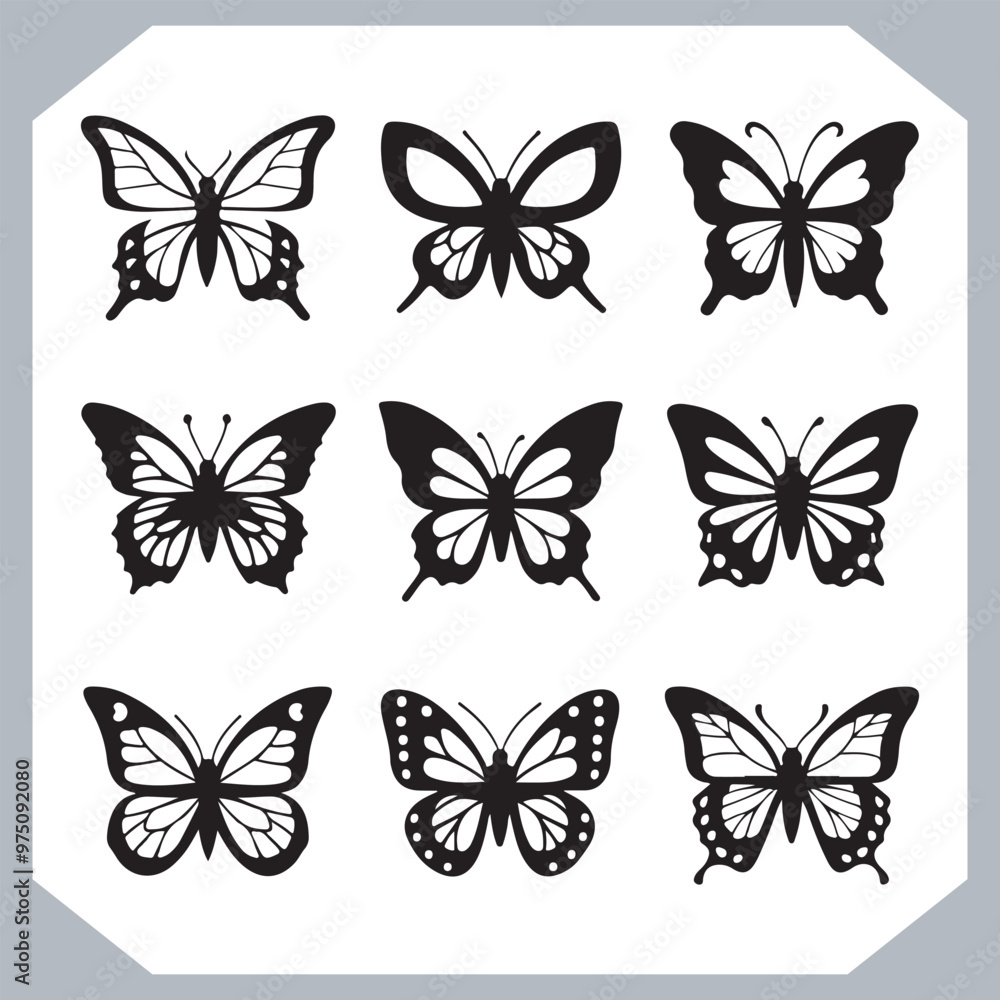 Butterfly silhouette icon, Silhouettes of butterflies. Black of funny butterflies. Insect butterfly black silhouette, Set of butterflies Butterfly silhouette icon, Silhouettes of butterflies. Black of funny butterflies. Insect butterfly black silhouette, Set of butterflies