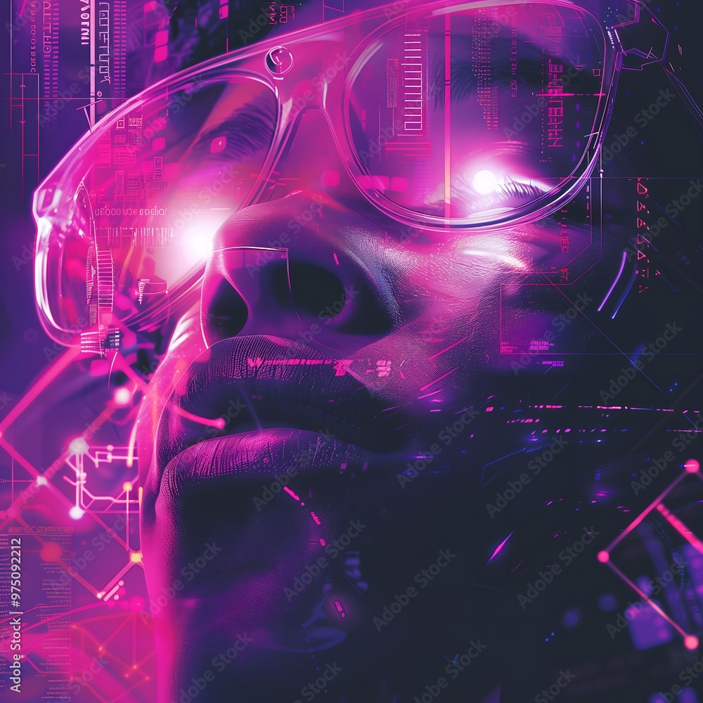 Cyberpunk woman with neon lights in futuristic glasses Cyberpunk woman with neon lights in futuristic glasses