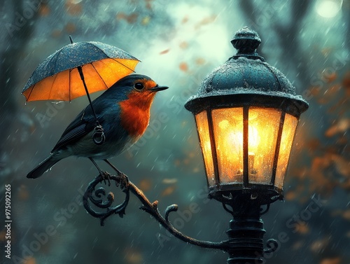 A bird with an orange breast uses a small umbrella while perched on a lamppost; the artistic scene is in a gloomy, grey environment with subtle lighting.