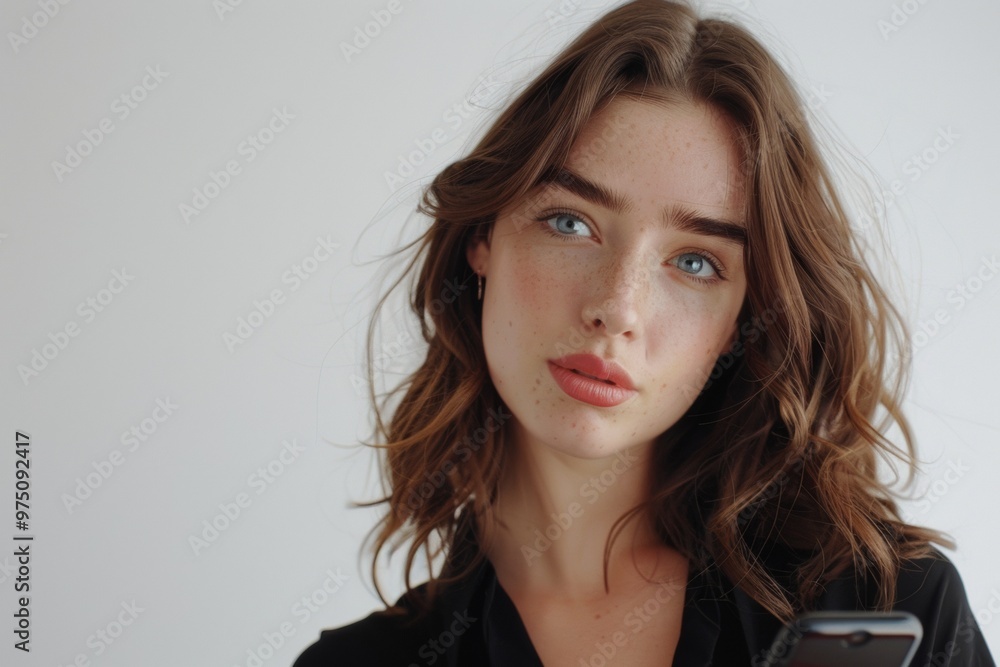 Image of a thinking dreaming young beautiful woman against white wall. Generative AI. Image of a thinking dreaming young beautiful woman against white wall. Generative AI.