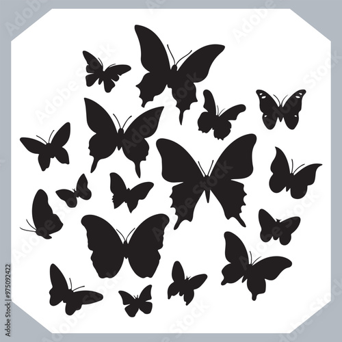 Butterfly silhouette icon, Silhouettes of butterflies. Black of funny butterflies. Insect butterfly black silhouette, Set of butterflies