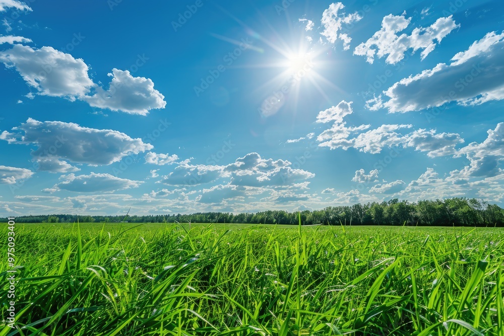 Image of green grass field and bright blue sky Image of green grass field and bright blue sky