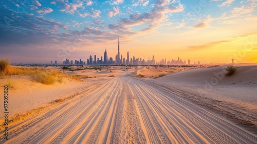 Dubai Skyline and Desert Safari. AI generated illustration photo