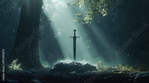 Excalibur in Dark Forest. AI generated illustration photo