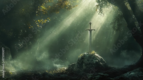 Excalibur in Dark Forest. AI generated illustration photo