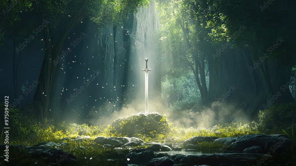 Excalibur in Dark Forest. AI generated illustration Excalibur in Dark Forest. AI generated illustration
