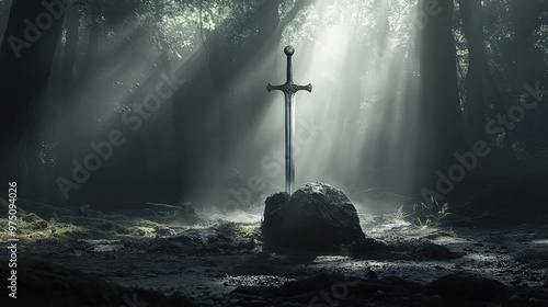 Excalibur in Dark Forest. AI generated illustration photo