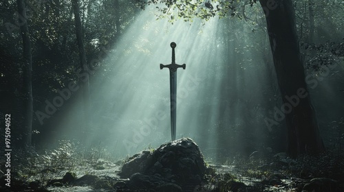 Excalibur in Dark Forest. AI generated illustration photo