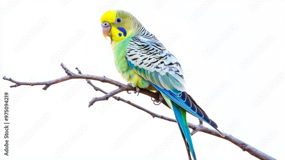 Fototapeta premium Budgerigar Perched on Branch Isolated on White Background