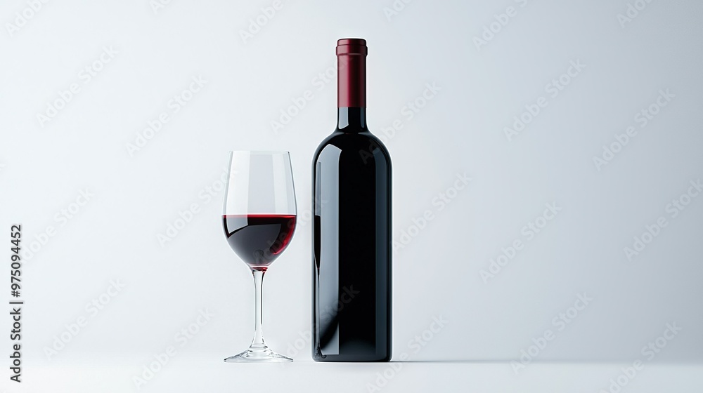 Red wine glass and shadowed bottle on white background Red wine glass and shadowed bottle on white background