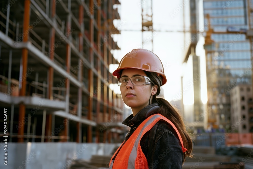 A confident engineer at a construction site, wearing a hard hat and safety glasses, stands determinedly amidst the backdrop of rising structures. A confident engineer at a construction site, wearing a hard hat and safety glasses, stands determinedly amidst the backdrop of rising structures.