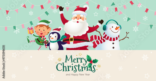 Collection of Christmas background with Santa Claus, snowman, elf, penguin, Christmas decoration. Editable vector illustration for digital media and printed media