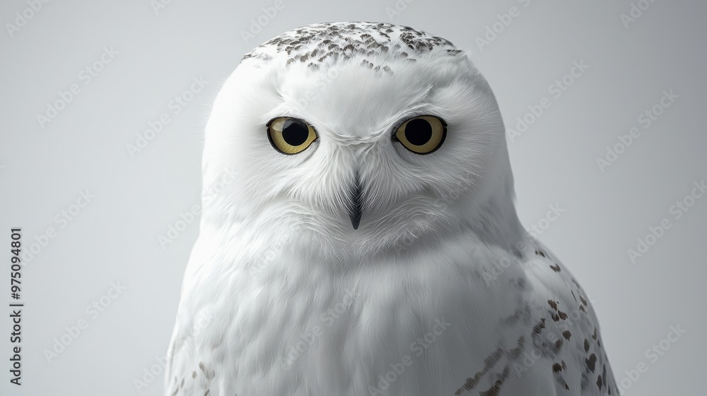White Snowy Owl Portrait with Yellow Eyes Close Up White Snowy Owl Portrait with Yellow Eyes Close Up