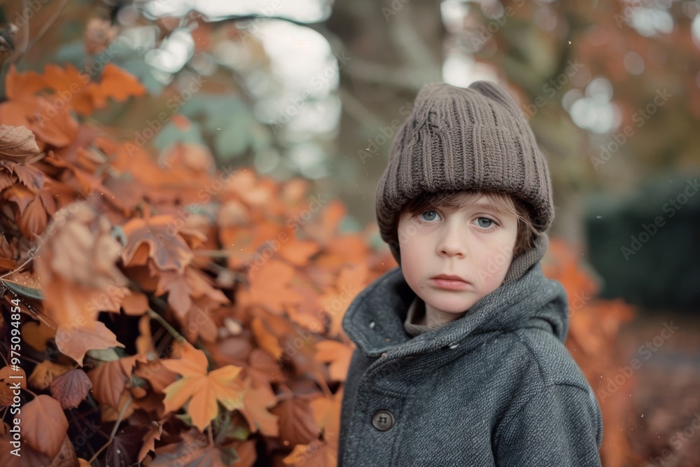 A pensive young boy in a brown beanie and gray coat stands near a pile of vibrant orange leaves, capturing the essence of autumn with his thoughtful gaze. A pensive young boy in a brown beanie and gray coat stands near a pile of vibrant orange leaves, capturing the essence of autumn with his thoughtful gaze.