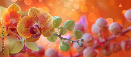 An Orange Moon Orchid With A Red Purple Throat Green Flower Buds And White Columns With A Defocused Orchid Background photo