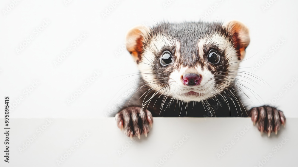 Curious Ferret Peeking Over White Surface Curious Ferret Peeking Over White Surface