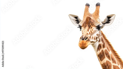 Close up Portrait of a Giraffe s Head with White Background photo