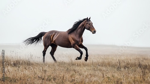 Brown Horse Galloping Through Field in Fog