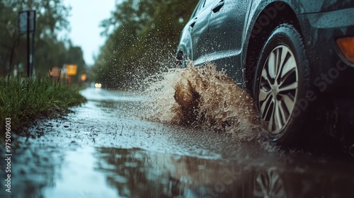 Car Splashing Through Puddle. AI generated illustration photo