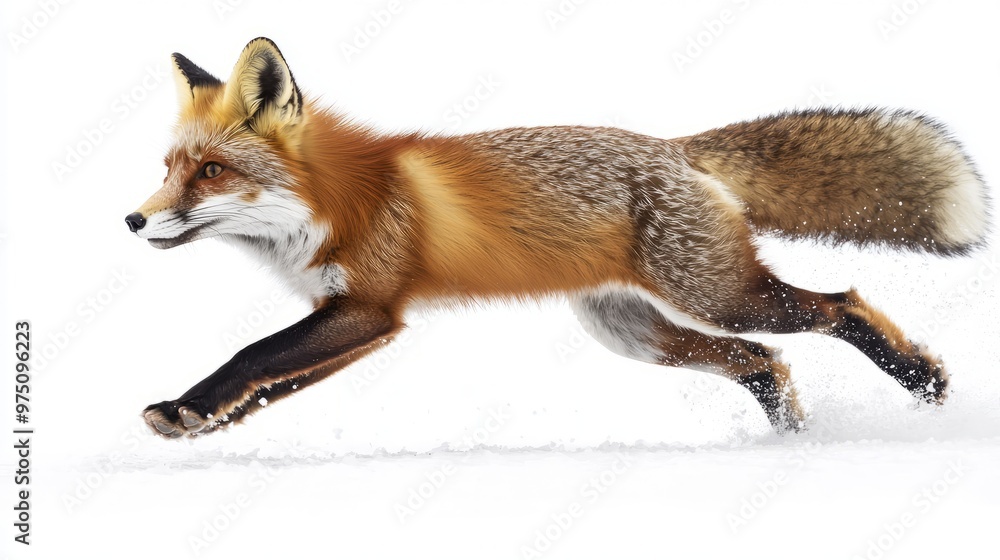 Obraz premium Red Fox Running in Snow Isolated on White Background