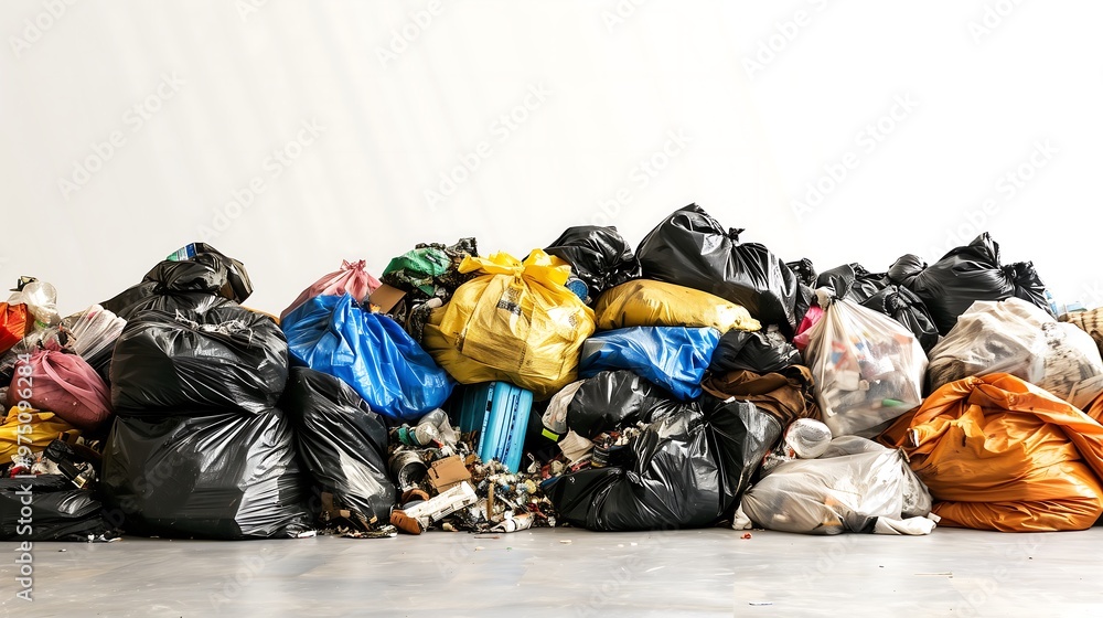 Large pile of garbage bags overflowing with trash in front of a white wall. Concept of waste, pollution, environmental issues, recycling.