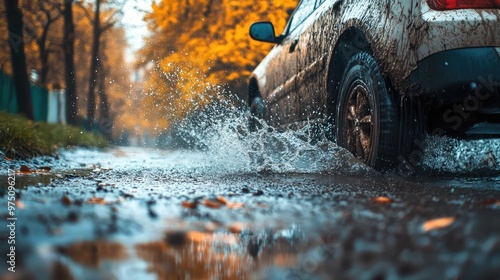 Car Splashing Through Puddle. AI generated illustration photo