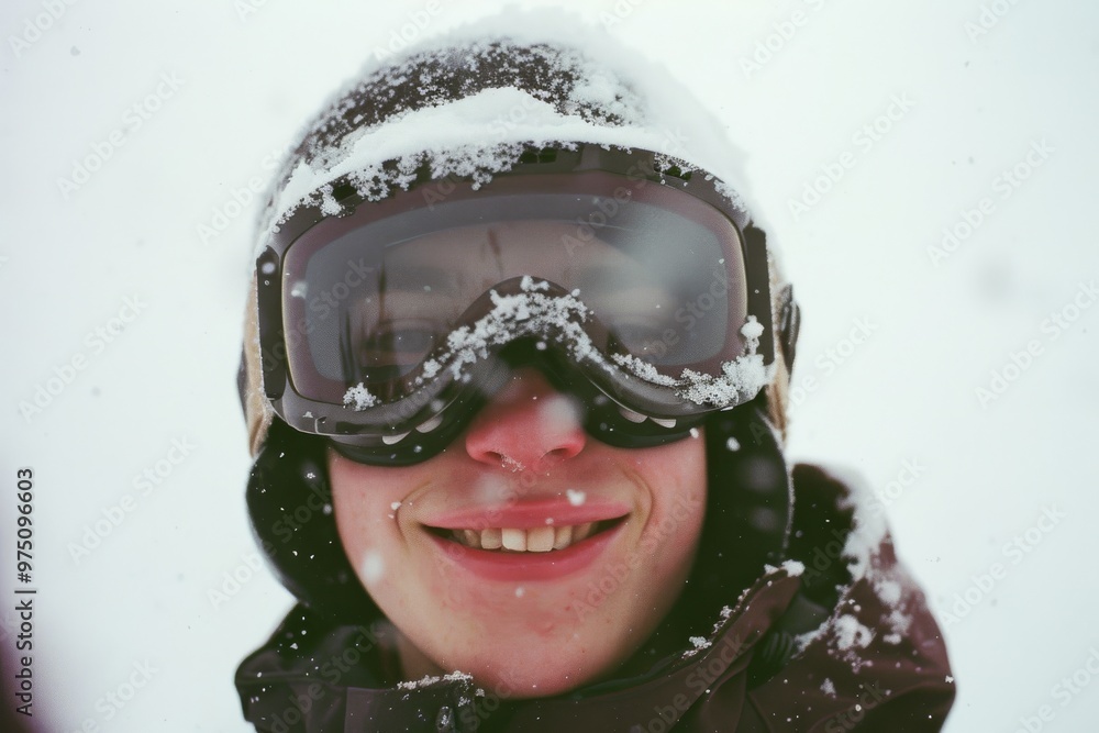 A person wearing snow goggles and a hooded jacket smiling, surrounded by falling snowflakes. A person wearing snow goggles and a hooded jacket smiling, surrounded by falling snowflakes.