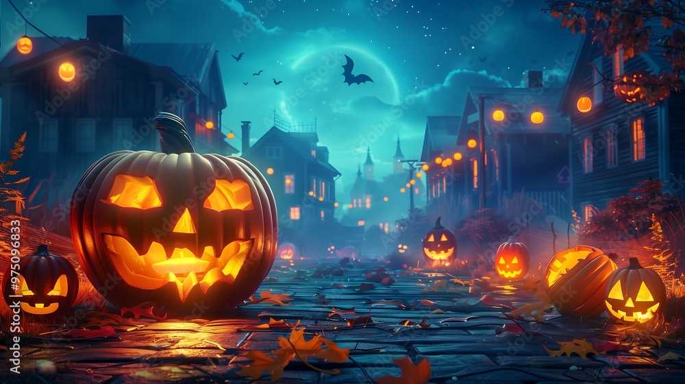 Naklejka premium Spooky Halloween Town with Jack O Lantern Pumpkins and Full Moon
