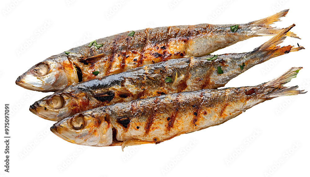 Grilled sardines against a white background, highlighting their golden brown skin and delicious appearance.
Grilled sardines against a white background, highlighting their golden brown skin and delicious appearance.